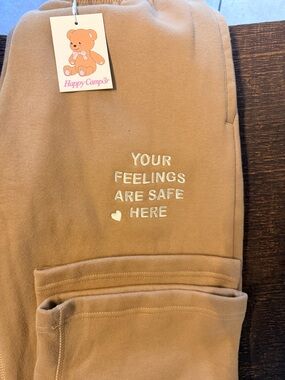 Happy Camp3r Women’s Tan Sweatpants - "Your Feelings Are Safe Here" Embroidered
